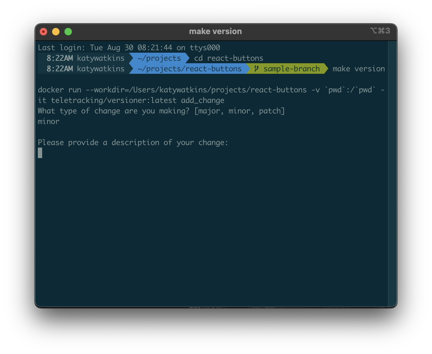 Screenshot of the terminal prompting the user for a version type (major, minor, or patch) and a description of the changes